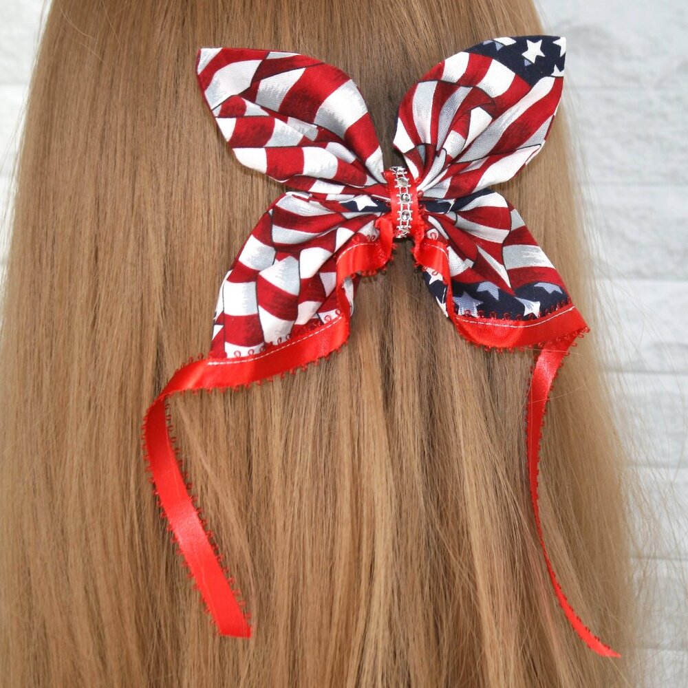 HAND CRAFTED Bow Wavy Flag Hair Butterfly Patriotic Oversized Ribbon Girls Red